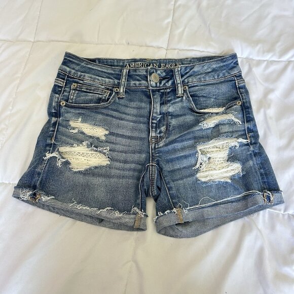 American Eagle Denim Jean Shorts Womens 6 Next Level Stretch Distressed Lace - Picture 1 of 7